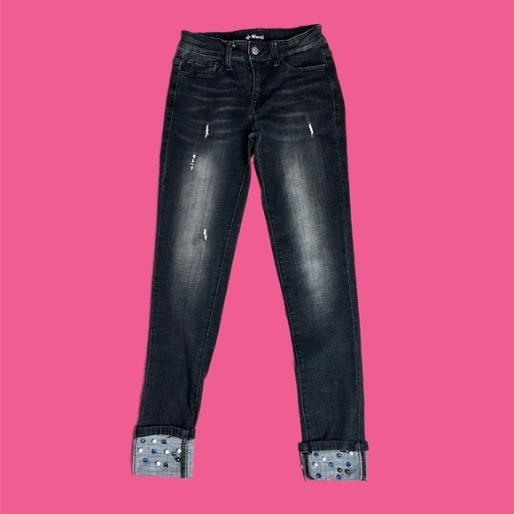 Vocal Women’s Rhinestone Pearls High Rise Cuffed Skinny Jeans Black Wash Sz S - Picture 1 of 11